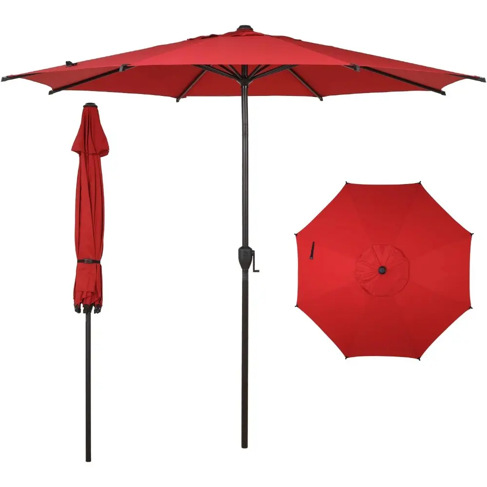 9ft Outdoor Patio Umbrella with 8-Rib Aluminum Frame, Vented Waterproof Polyester Canopy, Push-Button Tilt, Crank Lift, Clip Closure, End Screws, Adjustable, Tool-Free Easy Setup, Embedded Weights for Markets
