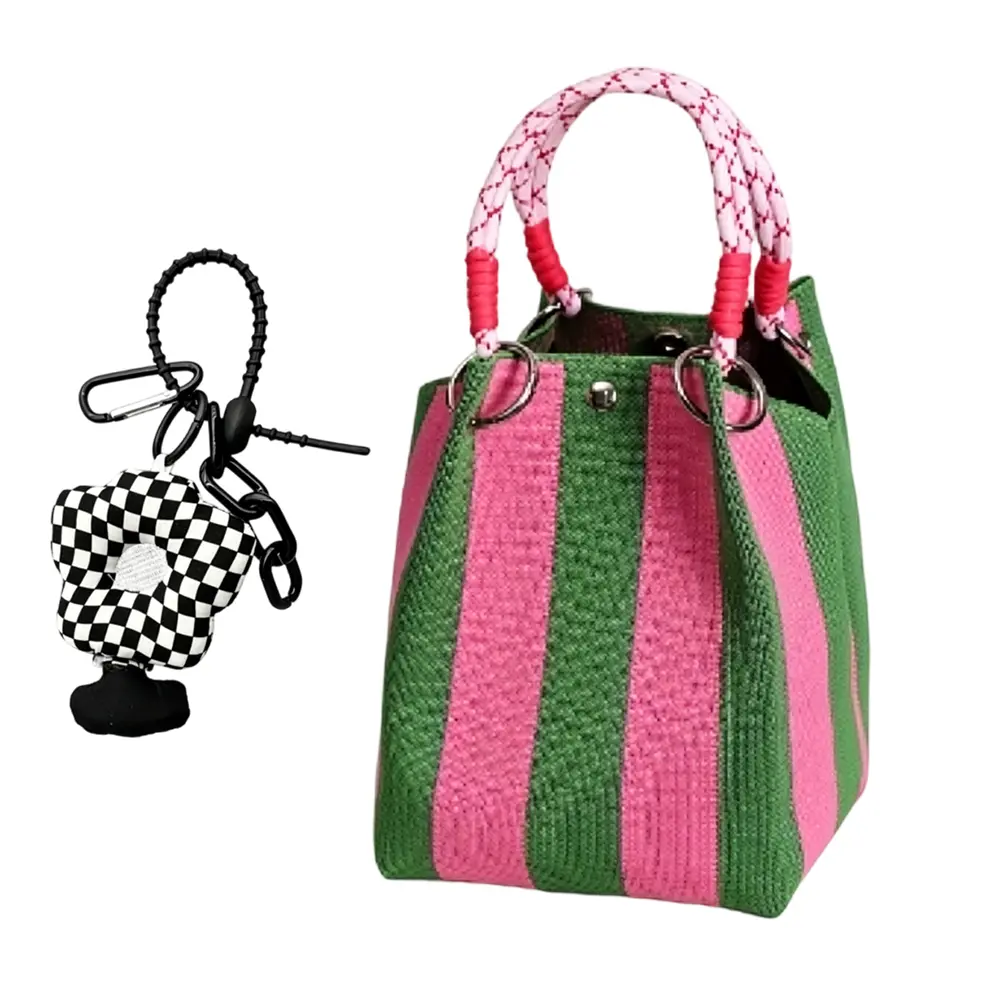 1Pc Mini Knit Tote and 1Pc Black and White Checkered Ornament Kit, Women Striped Crochet Bucket Handbag Small Purse Shoulder Bag Vacation Lightweight Beach Bag Travel Weekend