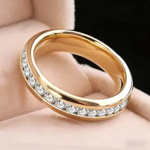 4mm Wide Titanium Steel 18K Gold Plated Full Eternity Band with Cubic Zirconia, Unisex Ring for Men & Women, Perfect for Wedding, Engagement, Christmas & Anniversary Gift