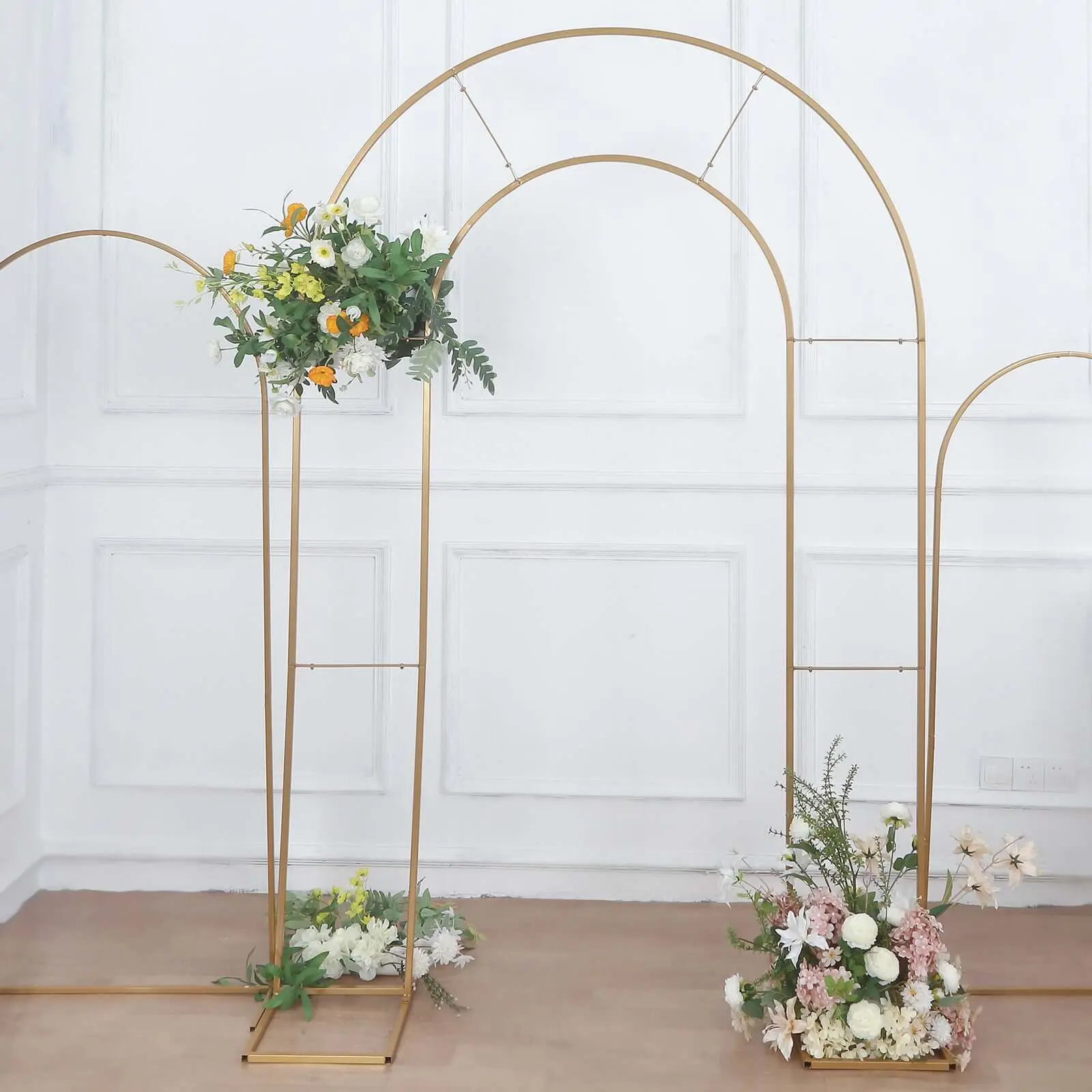 Gold Metal Round-Top Double Arch Self-Standing Wedding Party Backdrop Stand - 8ft Tall Screw-Assembled Flower Balloon Decor Frame Ceremony Arbor, Festive Home & Party Supply with LED Lights & Decor Accessories for Weddings/Birthdays, Easy-Storage, Leds Mo