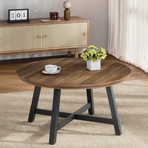 Modern 36 Inch Round Coffee Table, Industrial Style Center Table, Black Metal Frame, Wood Grain Top, Thick Legs, Adjustable Feet, Easy Assembly, Versatile for Living Room, Bedroom, Office