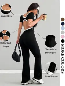 Women's Summer Fashion Square Neck Contrast Back Short Sleeve Jumpsuit, High Stretch Fitted Slimming Jogger, Casual Sporty Daily Wear