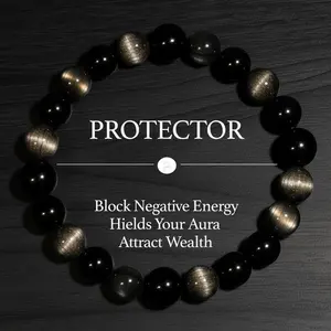 Golden Obsidian & Silver Obsidian Bracelet - Protection & Attract Wealth Healing Crystal Beads Jewelry for Men & Women, Christmas Gifts, Gifts for Mother's Day, Father's Day, Valentine's, Birthdays, Anniversary, Black Beaded Bracelet