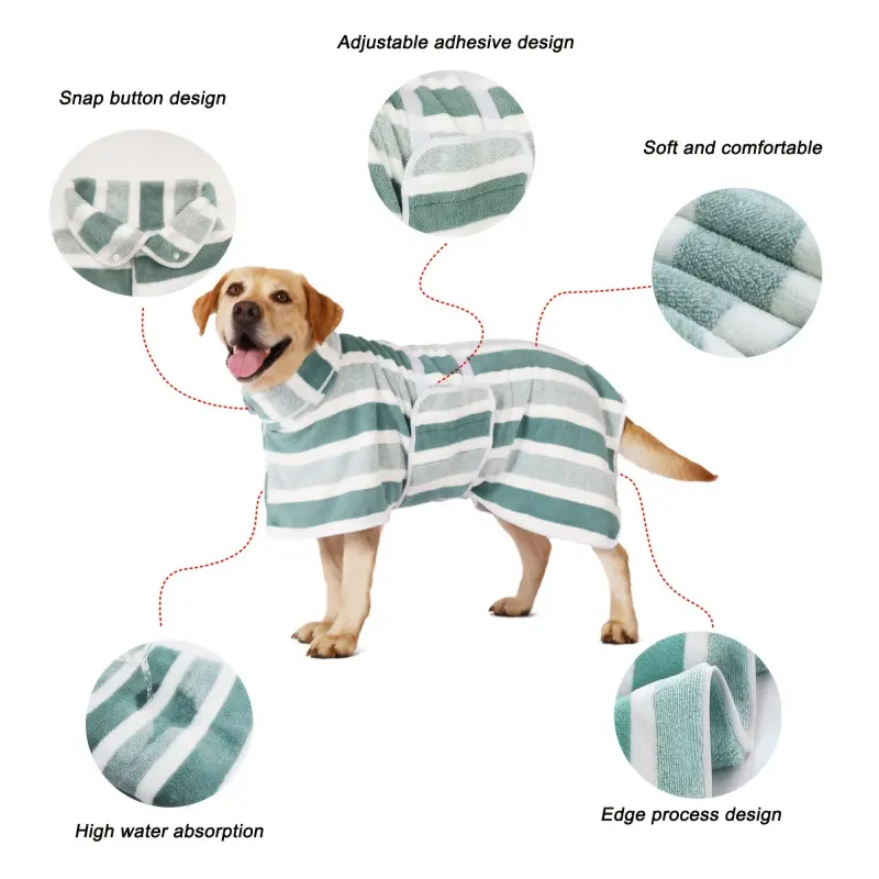 Multi-Color Striped Dog Bathrobe, Quick Dry Easy Clean Pet Towel Robe with Adjustable Fasteners, All-Season Post-Bath Gown in Pink Green Gray