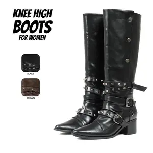 Womens Knee High Boots Knight Boot Pointed Toe Chunky Block Heel Buckle Snap Off Fashion Classic Retro Rivets Party Nightclub Dating Events Music Festival Long Tall Boot