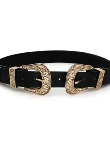 Women's Vintage Floral Buckle Belt, Western Belts, Fashionable Versatile Punk Fashion Waistband with Dual Head Design, Stylish Ladies Accessory for All Occasions