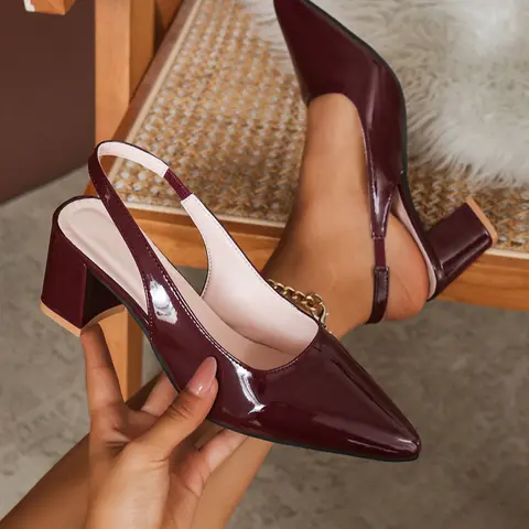 Women's Fashion Sexy Wine Shoes, Fashionable Party Shoes, Side Strap Pointed Toe PU Thick Heel, Commuting Casual Party Wedding Wear