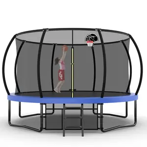 14ft Upgraded Outdoor And Backyard Trampoline For Kids And Adults, Blue Pumpkin Trampoline Design With Curved Pillars And Safety Fence, Comes With Basketball Hoop And Ladder, Blue