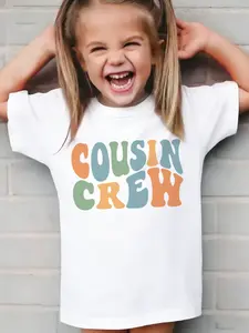 Girls' T-Shirt 'cousin Crew,' Retro Colorblock Cousin Slogan Print, Comfortable Kids Tee, Cute Breathable Fabric, Party Wear, Graphic Fashion Tee