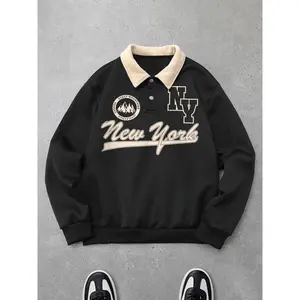 Men's Fashion Printed Long Sleeve Polo Neck Sweatshirt, Stylish Men's Polo Shirt, New York Long Sleeve Polo Shirt