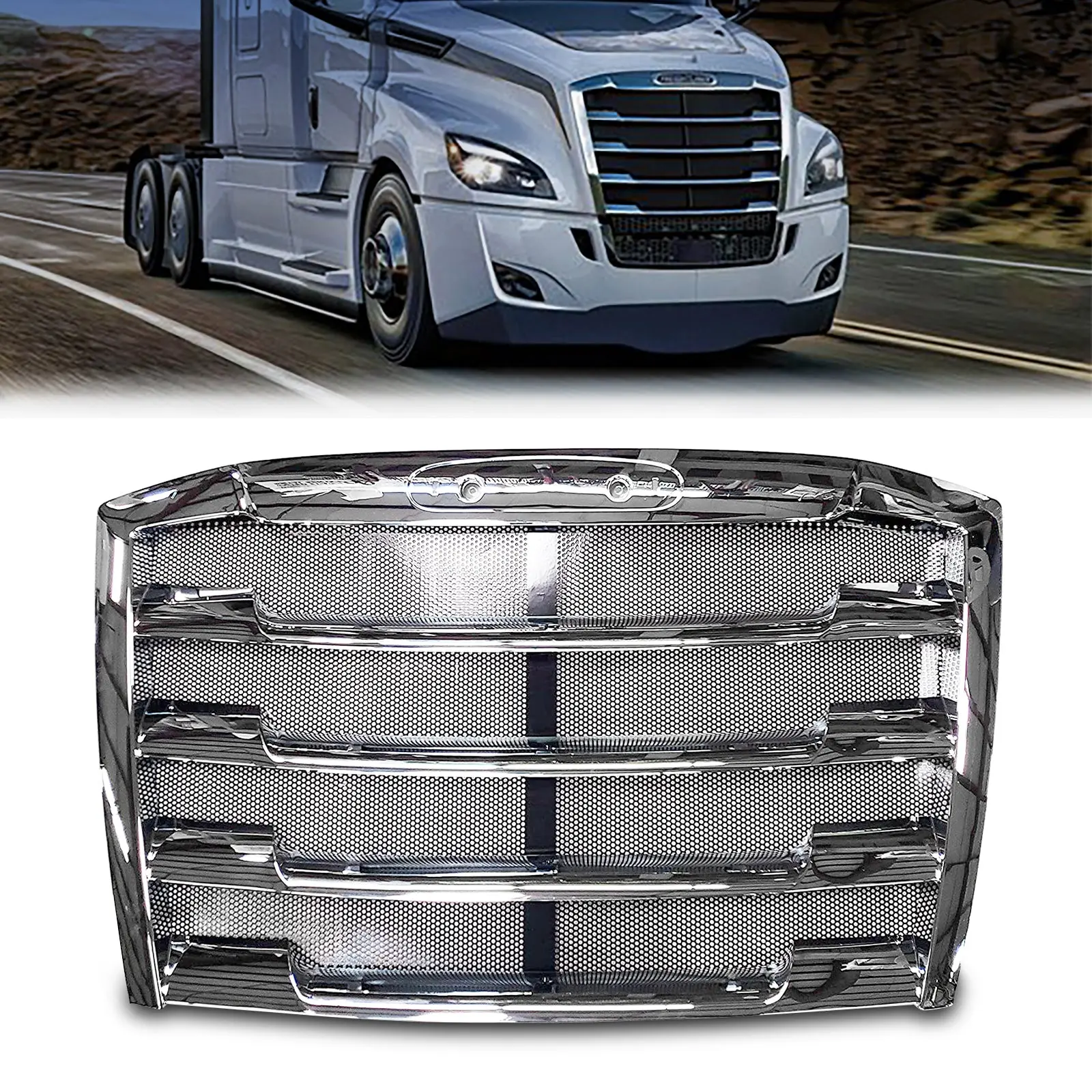 TORQUE Heavy Duty High-Workmanship Replacement Durable Chrome Coating Grill Grille for 2018-2024 Freightliner Cascadia Semi Trucks, Bolt-On with Integrated Insect & Debris Screen (TR069)
