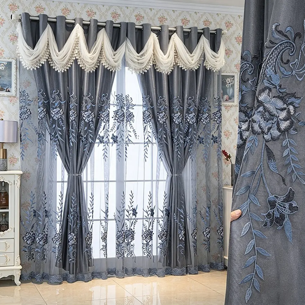 1pc Elegant Floral Embroidered Dual-Layer Window Curtains for Living Room & Bedroom, Light Blocking, Home Decor Curtain Set, Window Drapes