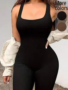 【Plus Size】1 Piece Women's Crew Neck Long Sleeve Bodycon Jumpsuit, Trendy Street Style, Stretchy Fabric & Curve-Hugging Fit, Full-Length Skin-Tight Design, For Fashion-Forward Women, Perfect for Streetwear, Casual Dates