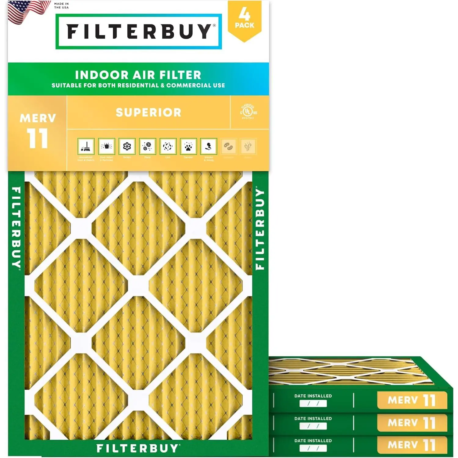 Filterbuy 22x36x1 Air Filter (4-Pack), Pleated MERV 11 Allergen Defense HVAC AC Furnace Air Filters (Actual Size: 21.50 x 35.50 x 1.00 Inches)