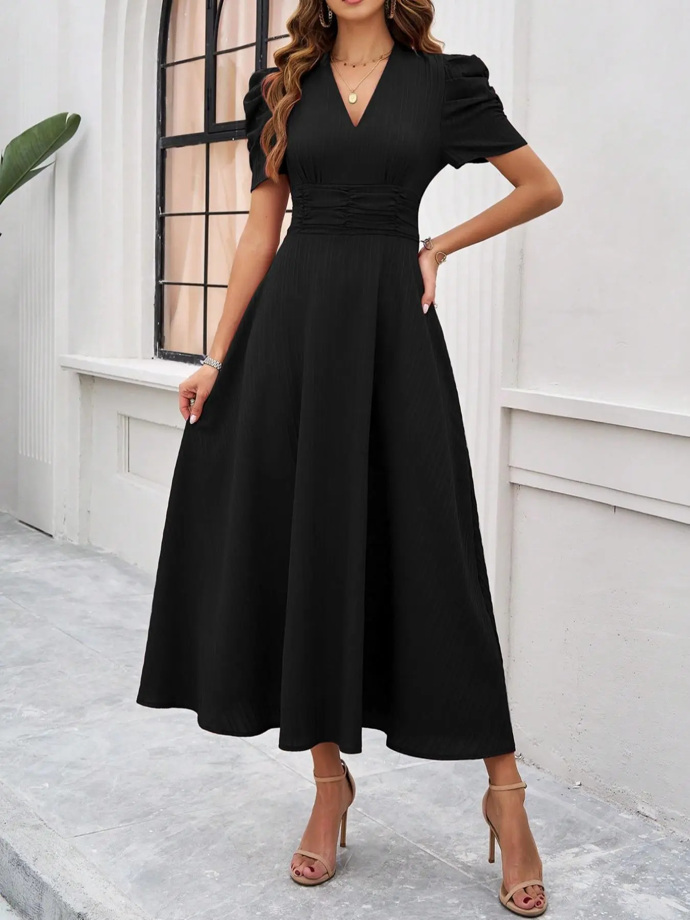 Women's Basic Plain Ruched Puff-Sleeve V-Neck A-Line Long Polyester Blend Dress - Elegant Back Zipper Wedding Guest Dress for Summer Casual Parties