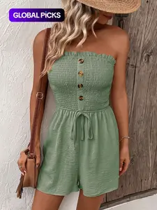 Women's Plain Ruched Shirred Tie Front Bandeau Sleeveless Fitted Romper with Frill Trim, Boho Strapless High-Waisted Romper for Summer, Fashion Casual Women's Romper for Daily Wear, Comfy Casual Romper Womenswear