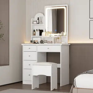 FUFU&GAGA Makeup Vanity Desk with LED Mirror & Lights | 5-Drawer Storage, Crystal Handles & Shelves | Cushioned Stool & Bedroom Dressing Table [LIVE]