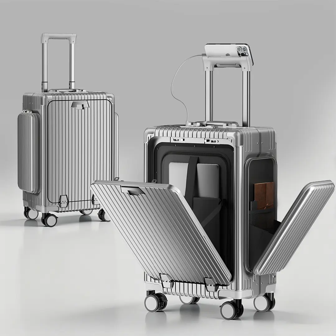 Front-Opening Check-in Luggage—Innovative Dual-SidePocket Design, Large Capacity, 1:9 Lid-To-Body Ratio,1-Handed Open/Close, USB Charging Port, TSA-ApprovedLock, Silent 360° Spinner Wheels, Scratch-Resistant &Durable Polycarbonate Material.