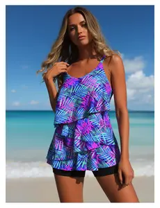 Women's Tankini Swimsuit V Neck - High Waisted Bathing Suit Two Piece Swimwear - Full Coverage Swim Top with Bottom - Modest Swimsuits for Women - Floral Print