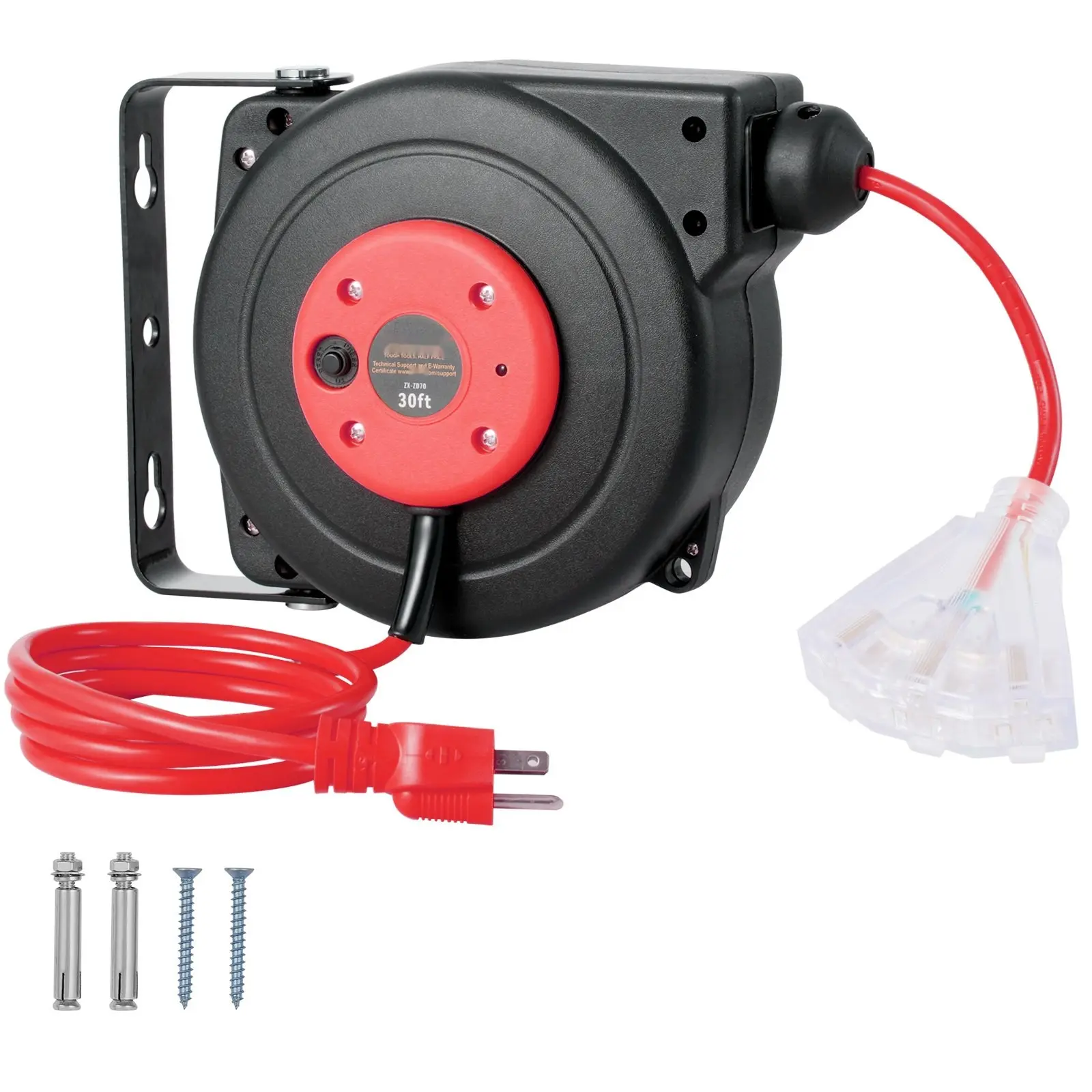 Retractable Extension Cord Reel and Power Cord Reel, 30 Feet Long, 16 AWG 3-Conductor SJTOW Cable, Auto Retracting Cable Reel with Safety Lock, Heavy Duty Portable Industrial Grade Power Cable Organizer, UL Listed