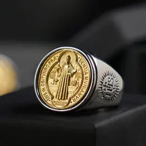 GTHIC Saint Benedict Medal Stainless Steel Cross Ring for Men Women Statement Jewelry Daily Wear