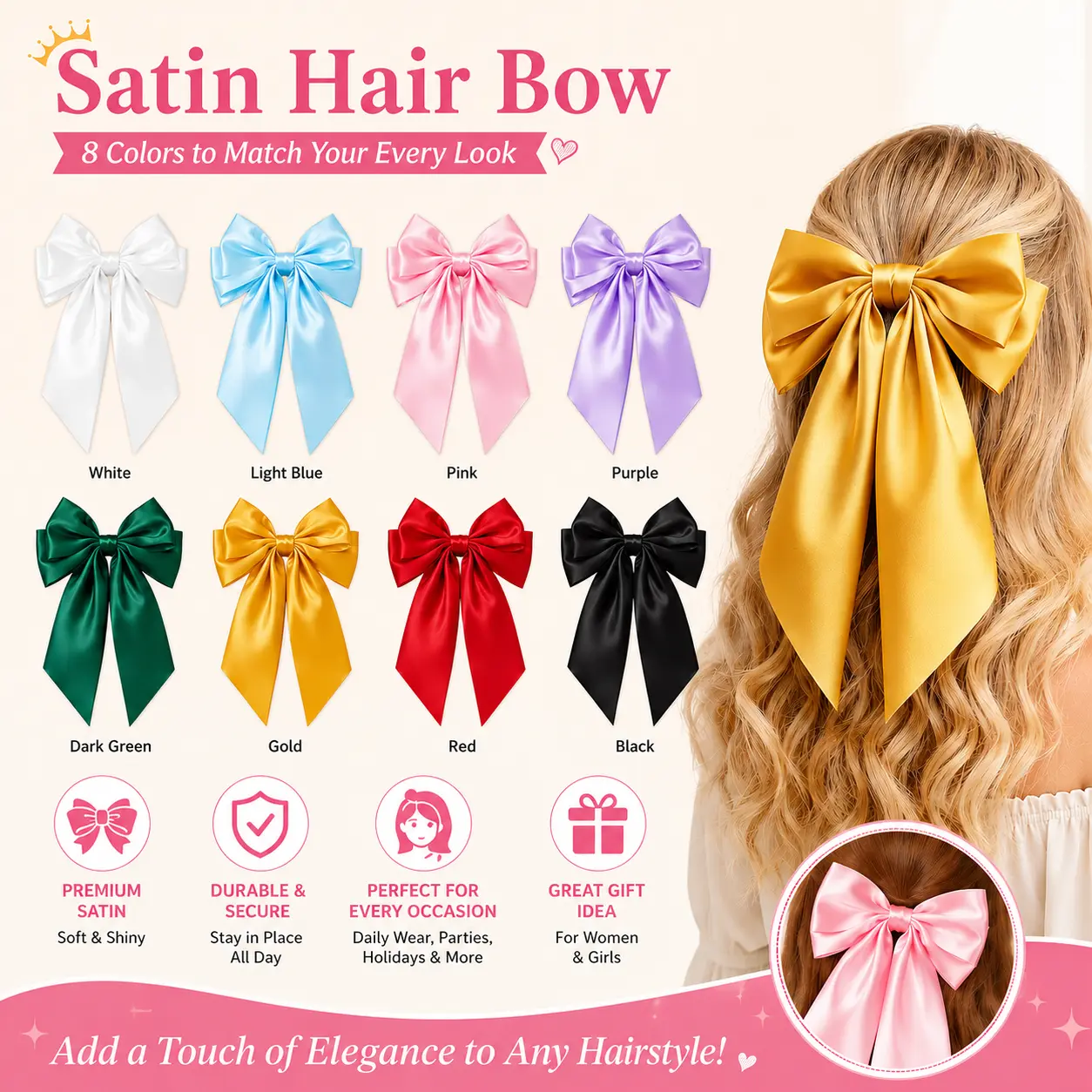 Women's 8PCS Romantic Handmade Quality French Barrette Hair Clips - Big Bowknot Embellishment with Long Silky Satin Tails, Girl Bun Clip