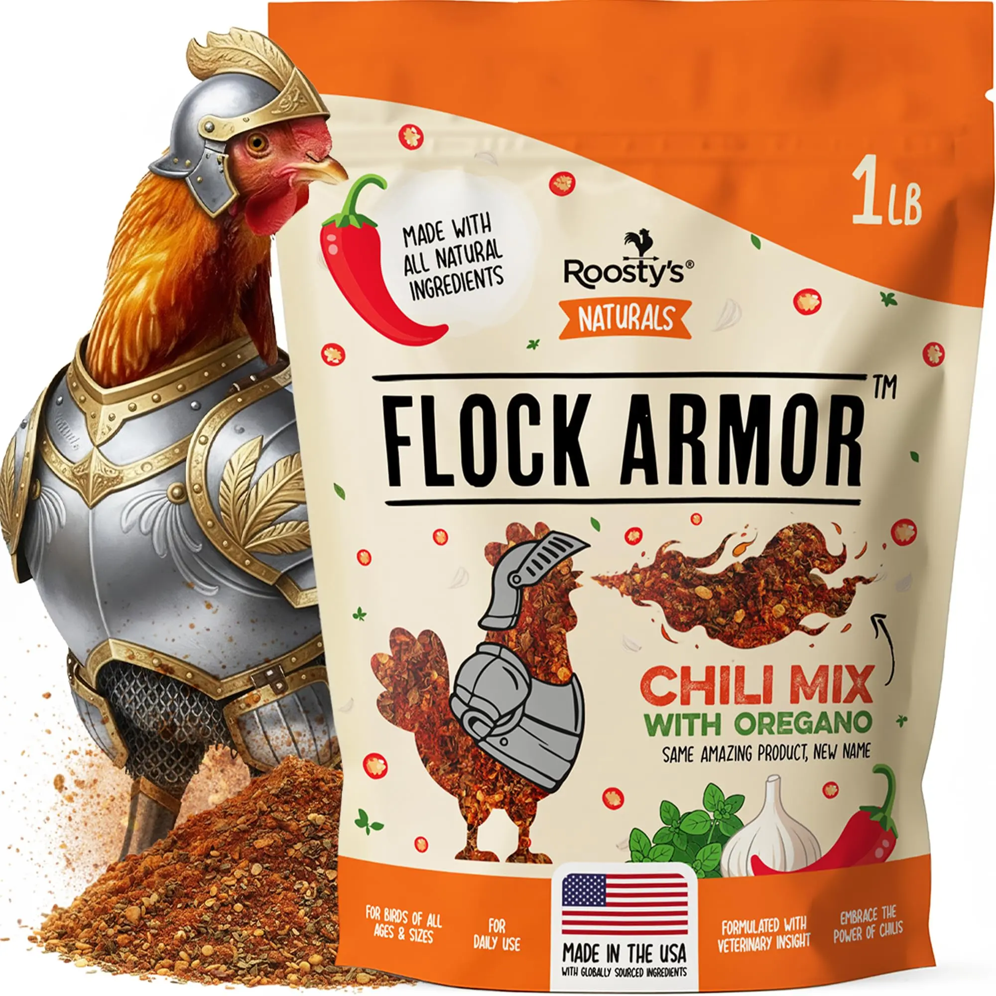 Roosty's Naturals Flock Armor Chicken De-wormer Chili Mix, 16oz | Daily Worm Defense • Boost Egg Quality • Feather & Vitality Boost • Gut Health Support • Made in USA
