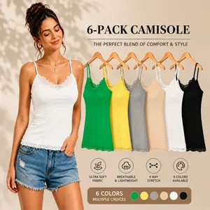 【6 Pack】Womens Lace Trim Camisole Tank Tops, Spaghetti Strap Cami Undershirts, Non Padded Basic Layering Tanks, Soft Breathable Stretch Sleeveless Shirts, Summer Slim Fit Undershirt for Women, No Adjustable Straps, Multi Color Value Pack for Daily Wear