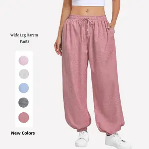 Womens Sport Baggy Balloon Barrel Striped Wide Leg Harem Pants Summer Drawstring Trousers with Pockets Beach Vacation