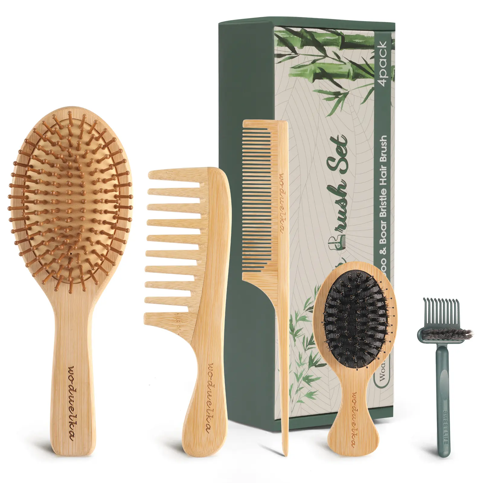 Bamboo Hair Brush Set – Bamboo Comb Set for Hair Growth, Paddle Detangling Hairbrush, Wide Tooth & Tail Tooth Comb and Mini Boar Bristle Travel Hairbrush, Brush Cleaner Included, Summer Hairstyles