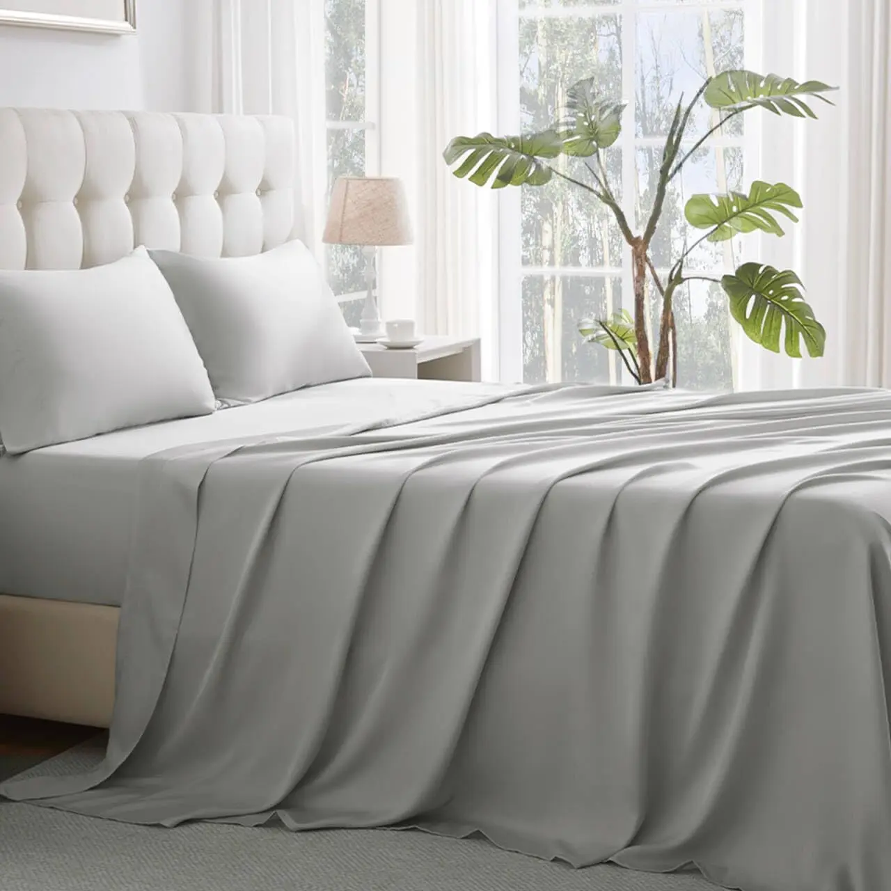 100% Lenzing Tencel Lyocell Bed Sheet Set, Solid Light Grey Cooling Bed Sheet Set, Silky Soft & Luxury, Deep Pocket Fitted Sheet & Flat Sheet & Pillowcases