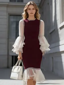 Elegant Pearl Embellished Mesh Trumpet Sleeve Bodycon Dress, Ruffle Hem Pearls Decoration, Party Evening Formal Fashion Event Wear