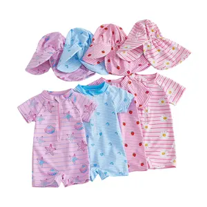 Infant Baby Girls Rash Guard Swimsuit Playsuits Strawberry/Flower/Fish/Starfish Print Short Sleeve Baby Bathing Suit with Sun Hat 3-24 Months