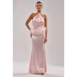 WHO IS SHE SATIN FEATHER MAXI DRESS