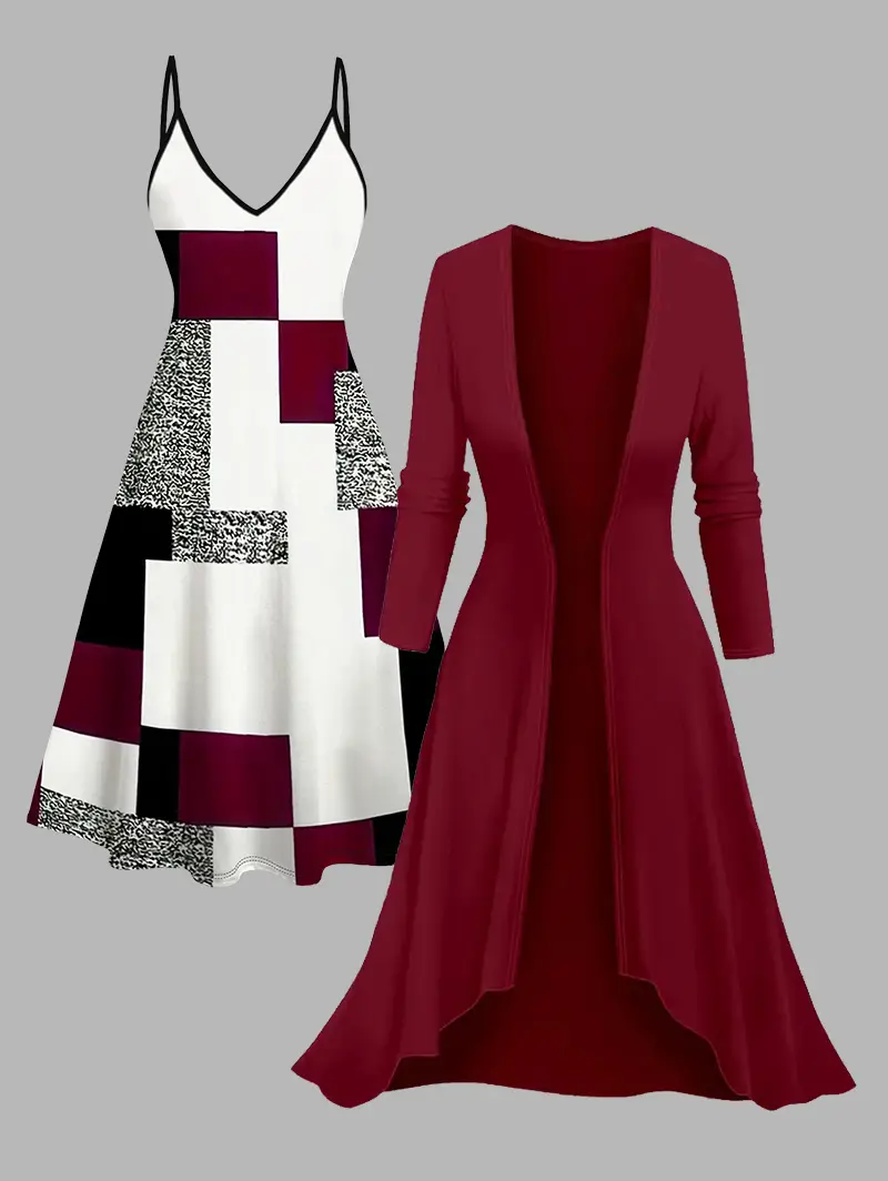 DRESSLILY Women's Colorblock Geometric Print Spaghetti Strap Dress and Open Front Top Set Spring Matching Outfit, Valentine's Day Gift