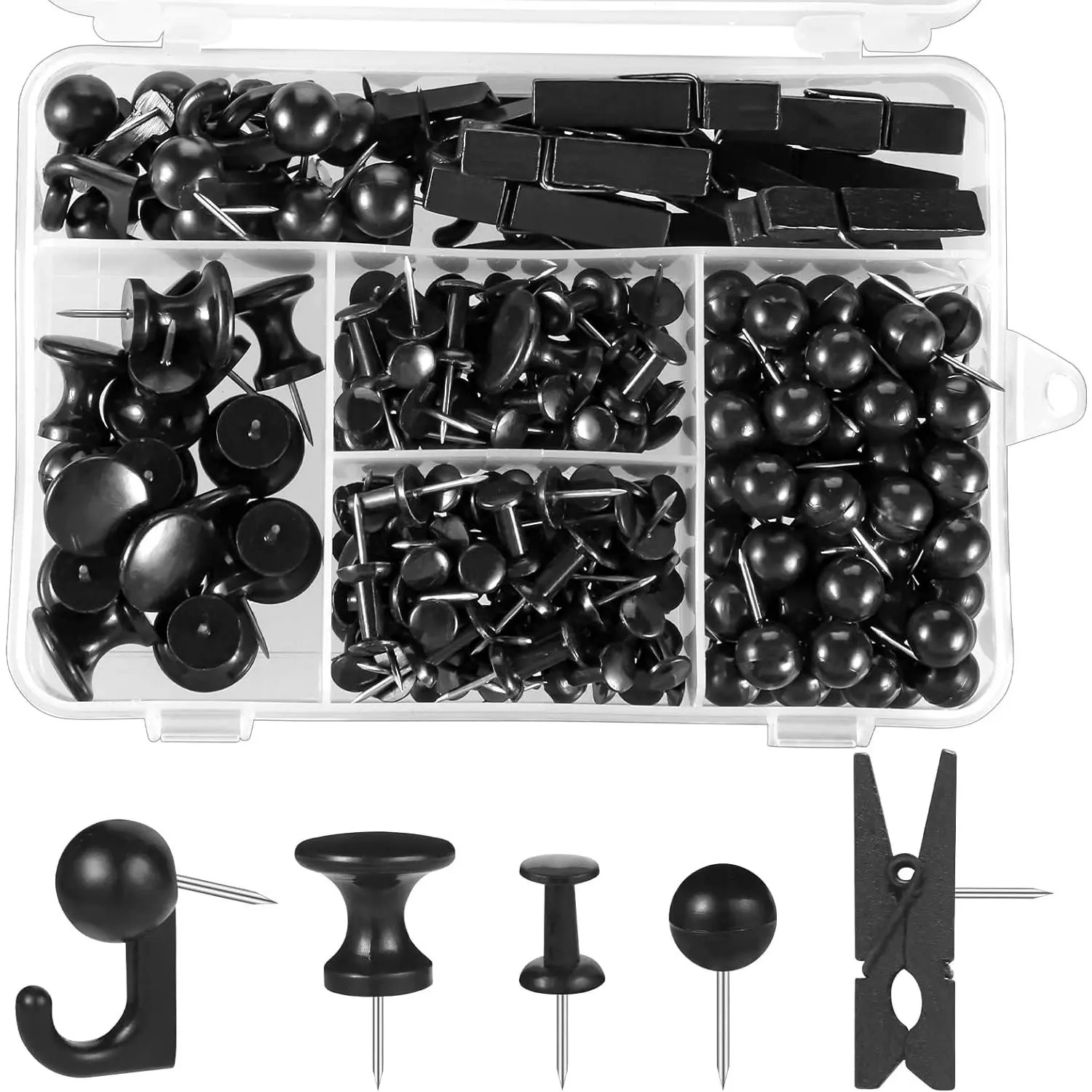 200 count Push Pins Thumb Tacks Black Push Pins for Cork Board, 5 Style for Bulletin Boards Wall Maps Pictures Office  Supplies