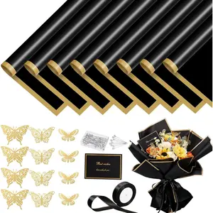 93 count Flower Wrapping Paper Kits, 20 Sheets Black  Floral Bouquet Paper 10 Greeting Cards 12 Butterfly 50 Flower Pins 1 Roll Ribbon for Mothers Day Graduation Florist Supplies