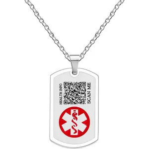 Uloveido Dynamic QR Code Medical Alert Necklace for Men & Women | Scan to Update Emergency Medical Info Stainless Steel SOS Dog Tag Pendant with Red Medical Symbol | No Engraving Required