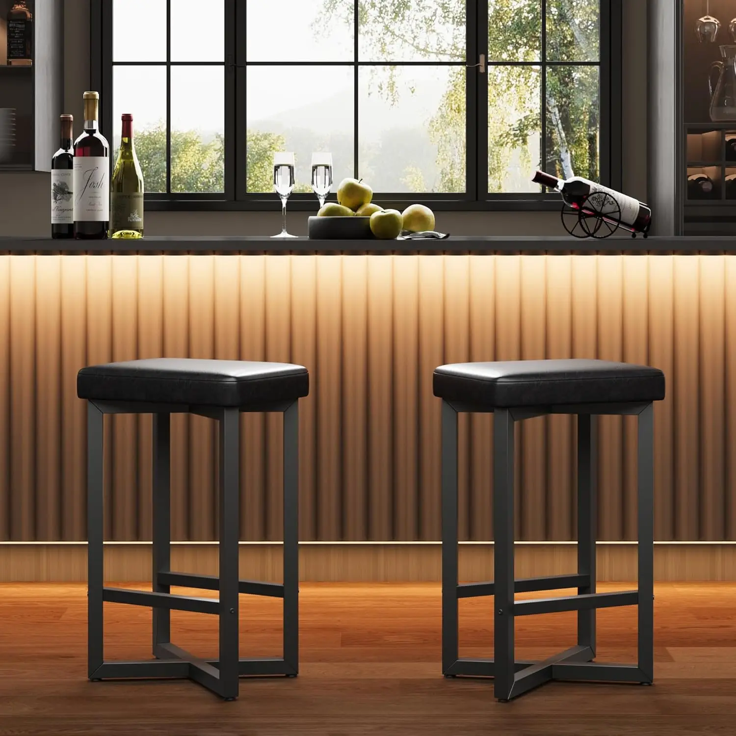 Gaomon Industrial Bar Stools (Set of 2) - 24.6-in Counter Height Backless Stools, Waterproof PU Leather Seats, Durable Metal X-Frame, 5.9-in Effortless Care Footrest, Scandinavian Indoor Home Bar Furniture, Counter Height Stools