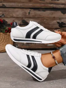 Women's White and Black Striped Low - Top Lace - Up Casual Athletic Sneakers, Breathable and Lightweight Comfort Footwear, Non - Slip Shoes for Gym, Running, Walking and Daily Casual Wear, Trendy Street Fashion Footwear