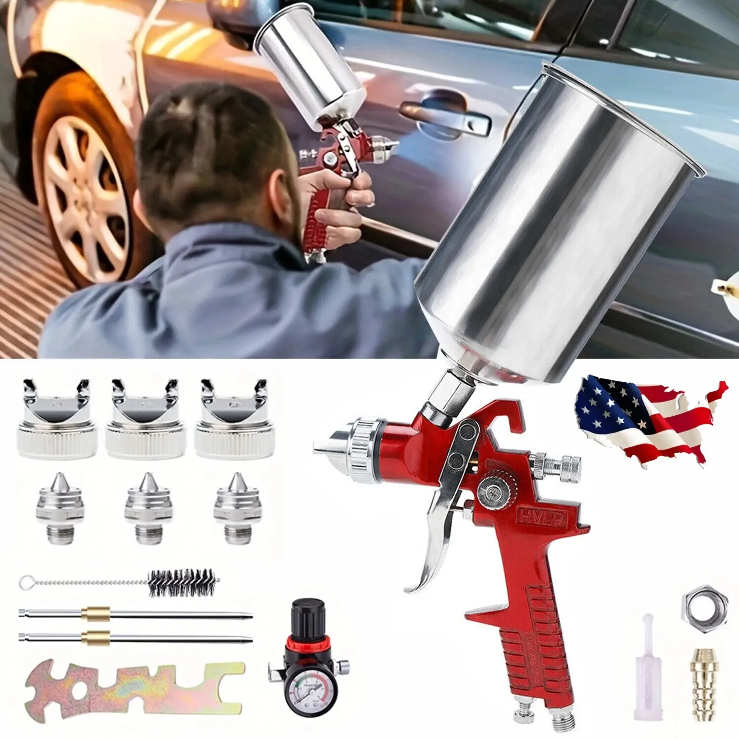 High Performance HVLP Gravity Feed Spray Gun with 1.4mm 1.7mm 2.0mm Fluid Tips, 1000cc Aluminum Cup for Auto Paint, Primer, Clear/Top Coat & Touch-Up