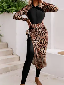 Muslim Women's Leopard Print Swimwear Set, Modest Fashion Swimsuit, High Neck Zipper Long Sleeve Top, Slimming Pants, Lace Skirt, Beach Vacation, Modest Bathing Suits