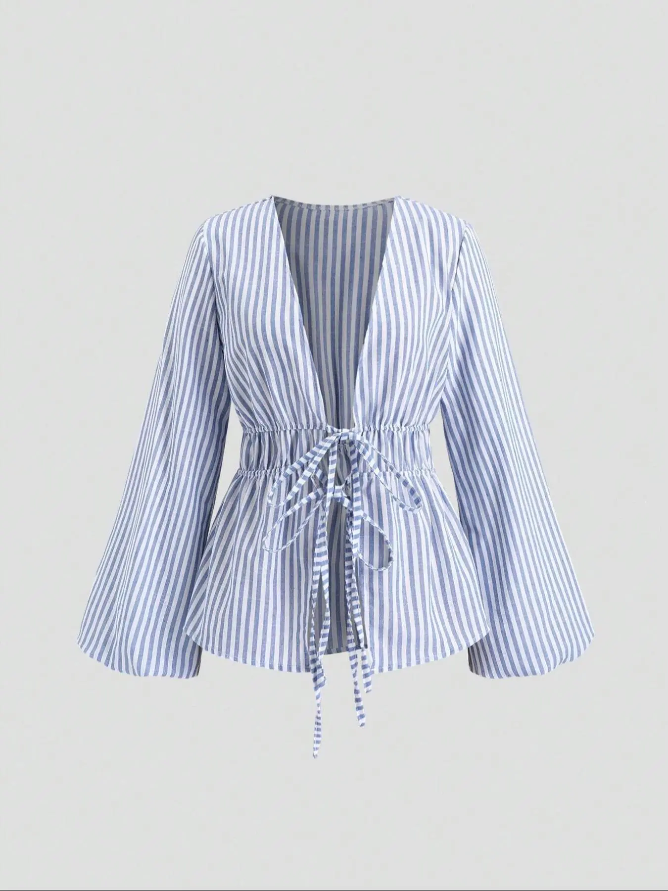 European and American Stylish Women Casual Fitted Striped Belted Woven Bell Sleeve Blouse Shirt with Flared Sleeves, Long Sleeve, Spring Autumn Office Wear and Daily Outing Top Blouses Shirts Tops for Comfort Fit