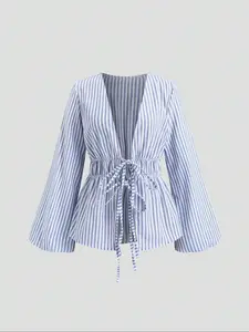 European and American Stylish Striped Belted Woven Blouse Shirt with Flared Sleeves, Spring Autumn Office Wear and Daily Outing Top for Comfort Fit