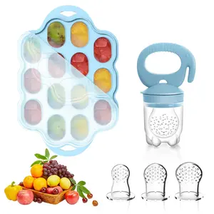 Baby Food Feeder & Teether with Popsicle Molds, BPA Free Silicone Fruit Feeder Pacifier for Infants 4+ Months, Includes 3 Sizes of Food Pouches (Sky Blue)