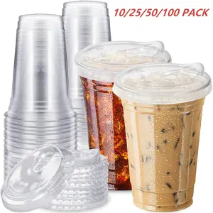 20 oz Clear Transparent Plastic Cups with Strawless Sip Lids, Reusable Iced Coffee Cups with Lids,Disposable Clear Plastic Cup with Lid for Iced Coffee,Smoothie,Cold Drinks for Party. 10/25/50/100 PACK