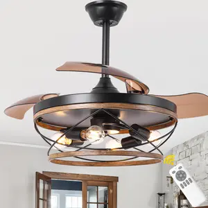 42" Retro Style Wood Grain Retractable Ceiling Fan with Remote Control Candelabra Bulb Base, DC Motor 6 Speeds Fan with Lights, Ceiling Fan for All Seasons