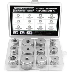 Washers for Screws (100 Pcs)  304 Stainless Steel Flat Washers Assortment Kit in Different Sizes (M3 M4 M5 M6 M8 M10 M12)for  & Industrial Usage