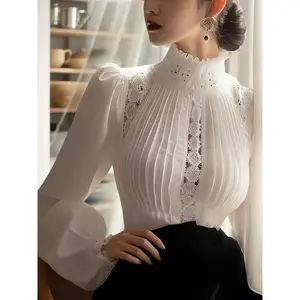 Elegant White Lace-Trimmed Turtleneck Blouse for Women - Chic Pleated Bubble Sleeve Design, Surprise Gift for Girlfriend Tops Shirts Crewneck Fabric