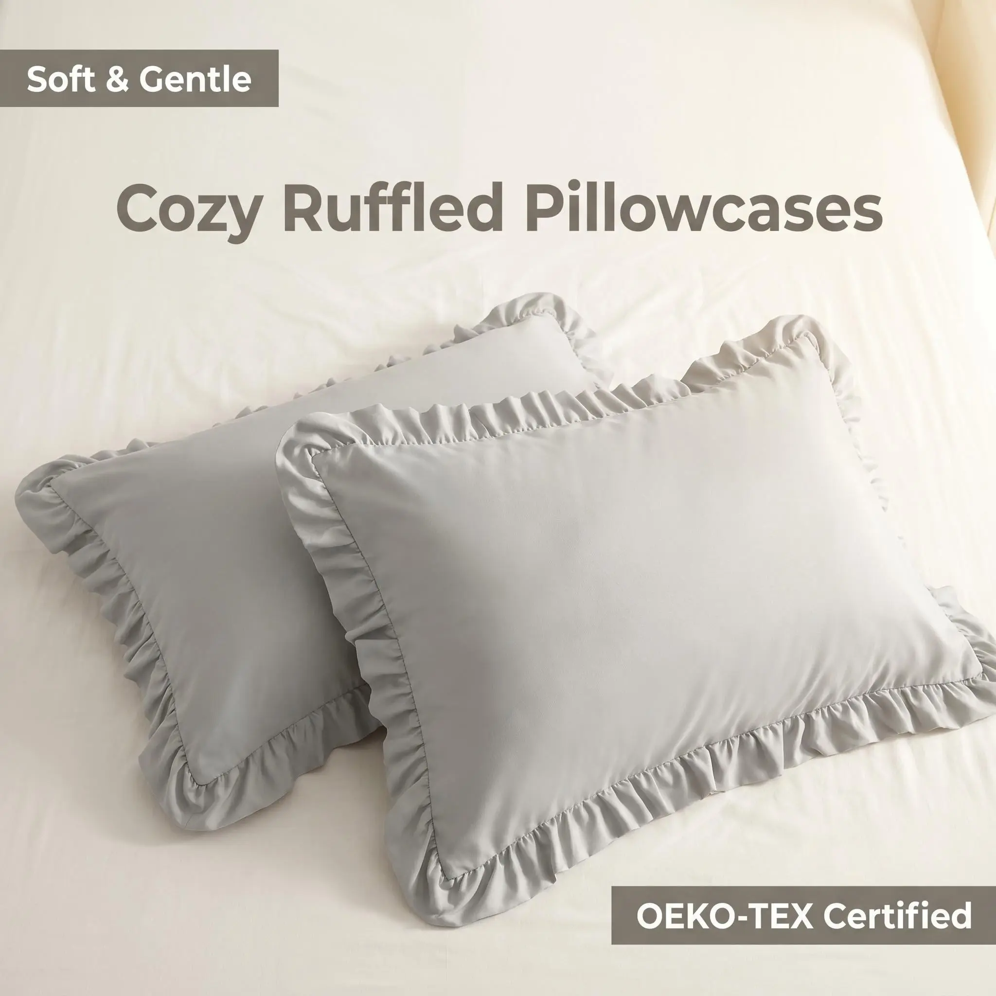 [Back To School]NTBAY 2-Piece Ruffle Trim Bedding Pillowcases - Ultra Soft 1800 Series Brushed Microfiber Pillow Covers, 2" Graceful Ruffled Decorative Cushion Shams with Envelope Closure, Set of 2